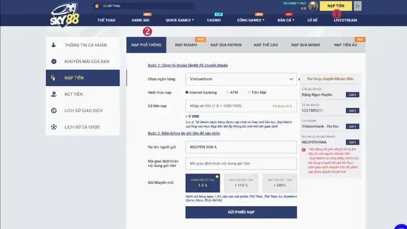 Nạp tiền sky88 2 Cách nạp tiền Sky88 nhanh chóng theo từng phương thức